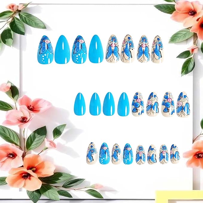 Blue Butterfly Press on Nails Almond Medium Floral Butterfies Pattern Blue Acrylic Fake Nail Full Cover Glossy Artificial Fingernails Spring Acrylic Nail Reusable 24Pcs Glue on Nails for Women
