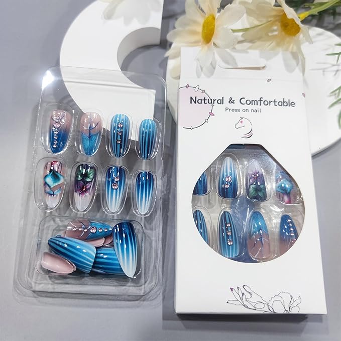 Summer Flower Press on Nails 24Pcs Glossy Blue Gradient Stick on Nail Green Leaves Gel Glue on Fingernails Acrylic Full Cover Fake Nails Rhinestones Medium Almond False Nail for Holiday Manicure Art
