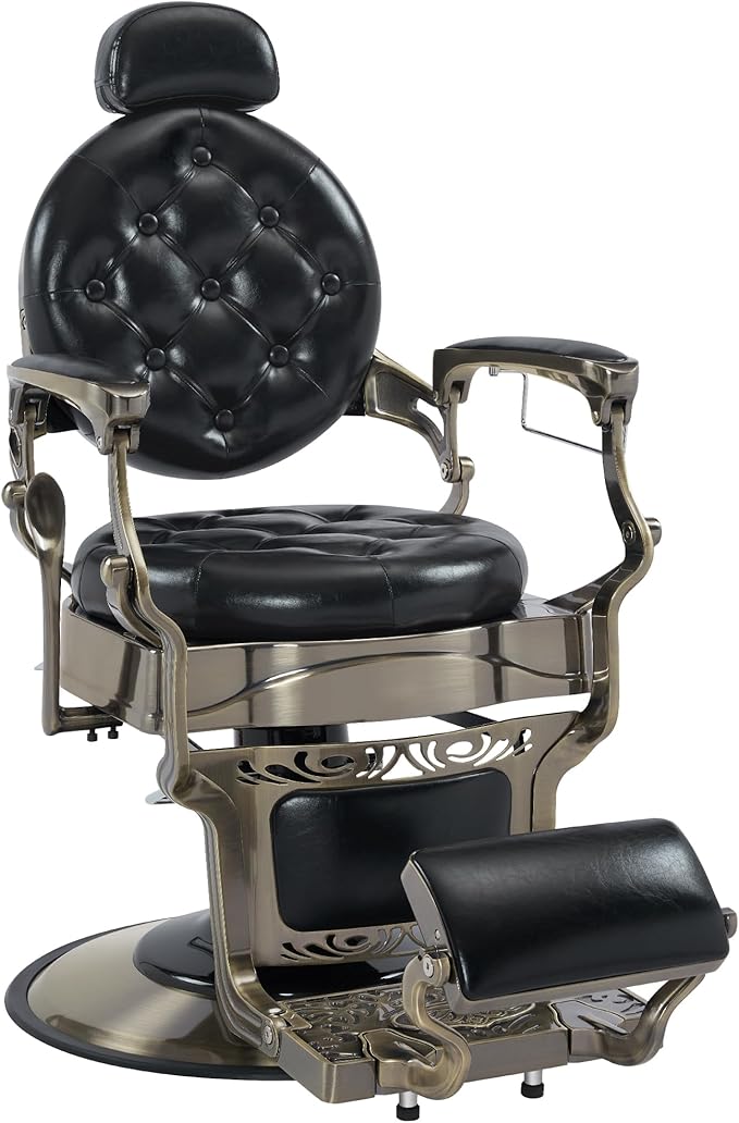 BarberPub Heavy Duty Metal Vintage Barber Chair All Purpose Hydraulic Recline Salon Beauty Spa Chair Styling Equipment 8914 (Black with Brushed Bronze Frame)