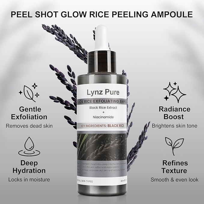 Peel Shot Glow Black Rice & Niacinamide Exfoliating Ampoule - Soft Peel for Face & Body to Visibly Refine Pores, Brighten Skin, Deep Pore Cleansing - For All Skin Types, 2.71 Fl Oz