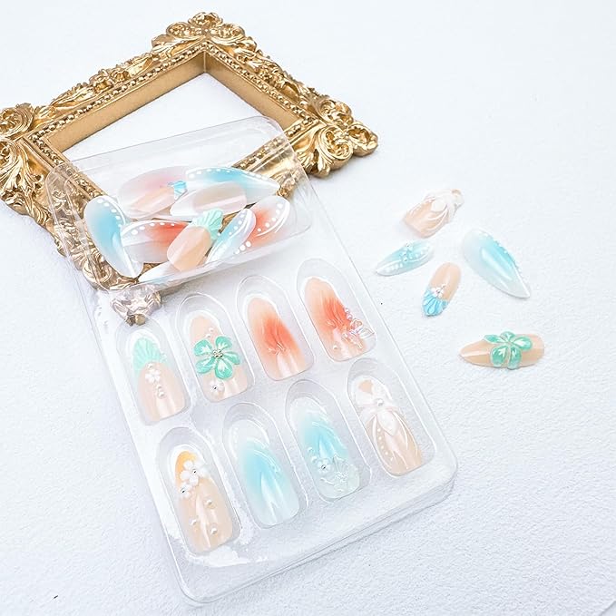 24pcs Summer Press on Nails Medium Almond Fake Nails with 3D Flower Butterfly Designs Pearl Glue on Nails French Tip False Nails Kit Gradient Full Cover Acrylic Nails Stick on Nails for Women