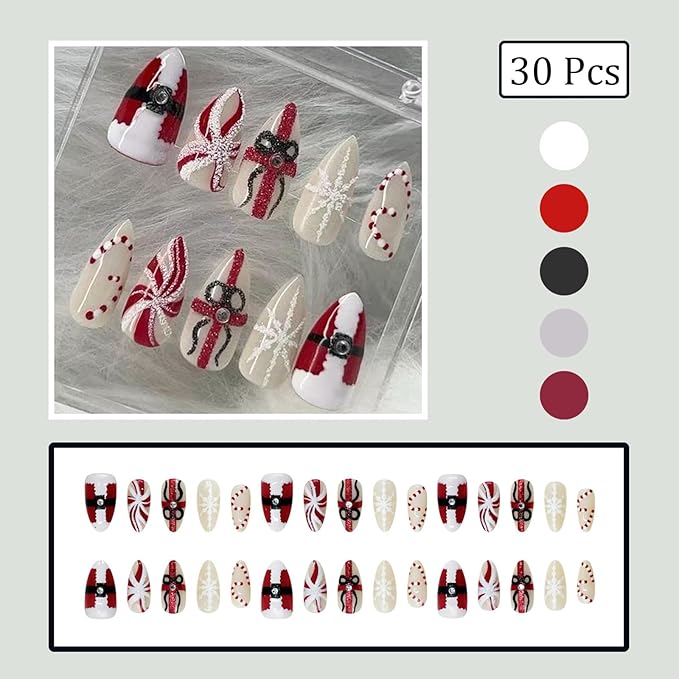 30Pcs Christmas Press on Nails Almond Fake Nails with Santa Claus Gift Designs Snowflake Candy Cane False Nails Red White Stripes Artificial Glue on Nail Holiday Stick on Nail for Women
