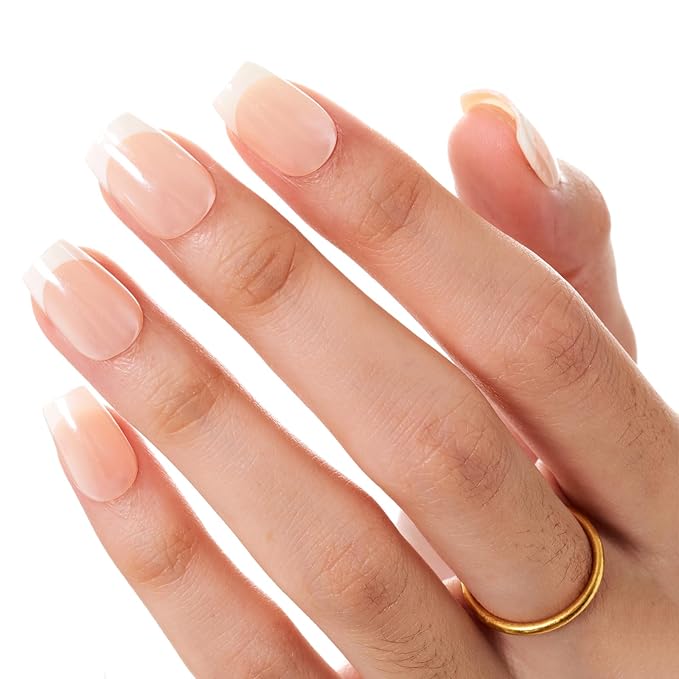 GLAMERMAID Press on Nails Extra Short Square, White French Tip Nude Chrome Spring Handmade Glue on Nails, Glossy Fake Nails Reusable Acrylic False Nails Manicure Kits for Women