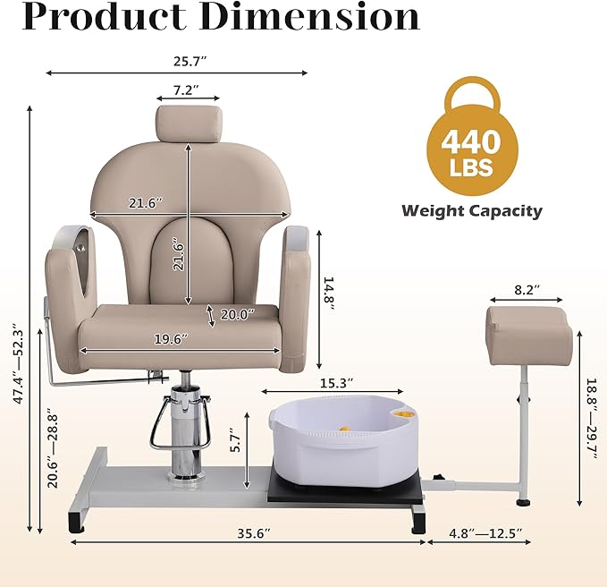 Pedicure Station No Plumbing, Hydraulic Pedicure Chair for Nail Tech, Height Adjustable Reclining Pedicure Station Unit, 360 Degree Swivel Foot Spa Chair with Massage Foot Bath (Grey-Sliver)