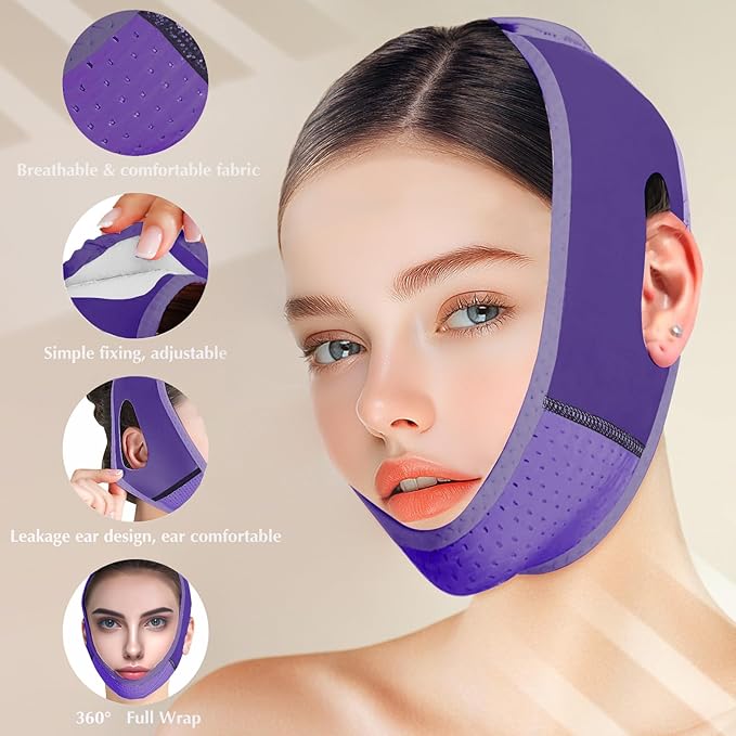 Reusable V Line Lifting Mask with Chin Strap, V Shaped Face Mask for Sagging, Jaw Exerciser (Dark Purple)