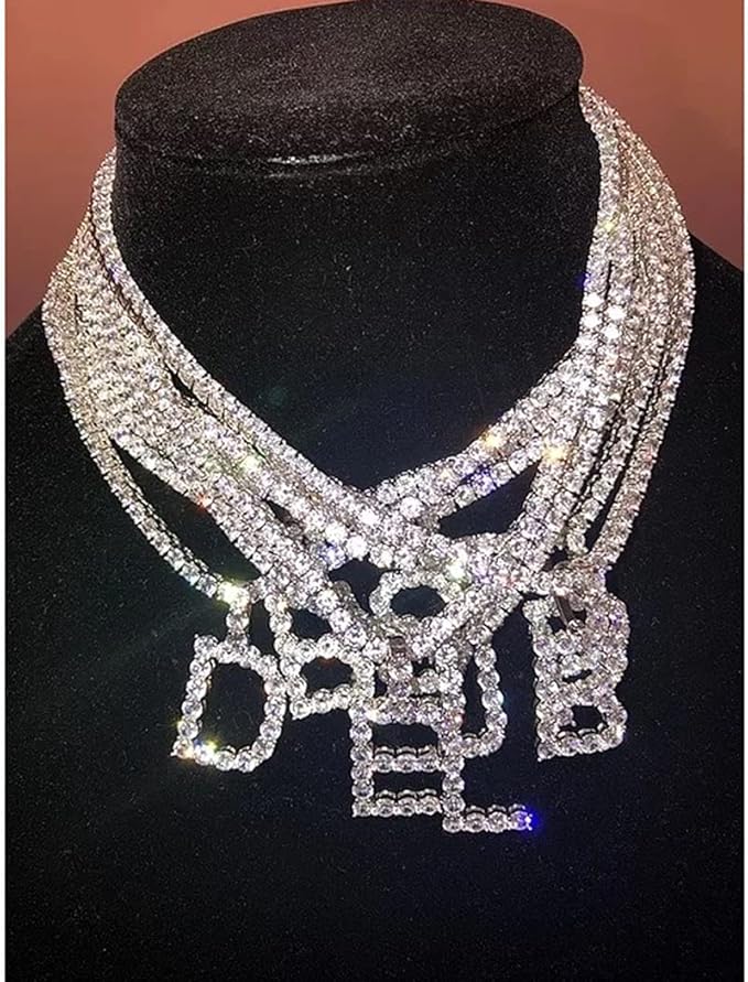 Silver Choker Necklace Rhinestones Shinning Letter M Fashion Letter A Sparkly Letter S Jewelry for Women Girls