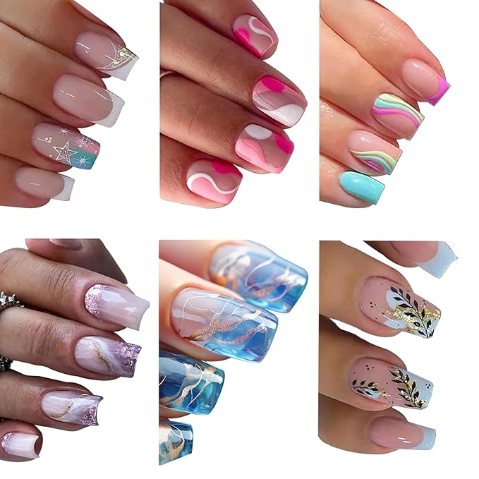 6 Packs (144 Pcs) Press on Nails Medium Square Fake Nails Acrylic Shiny Glitter False Nails with Marble Leaf Star Swirls Stick on Nails with Adhesive Tabs Nail File for Women Manicure