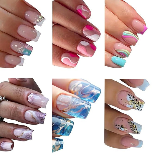 6 Packs (144 Pcs) Press on Nails Medium Square Fake Nails Acrylic Shiny Glitter False Nails with Marble Leaf Star Swirls Stick on Nails with Adhesive Tabs Nail File for Women Manicure
