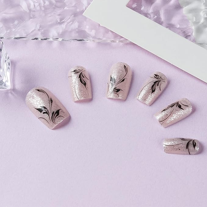 Black Leaf Press on Nails Fall Vine Stick on Fingernails 24Pcs Glossy Silver Glitter Acrylic Fake Nail Thanksgiving Medium Square False Nails Autumn Gel Glue on Nail for Coquette Women Girls