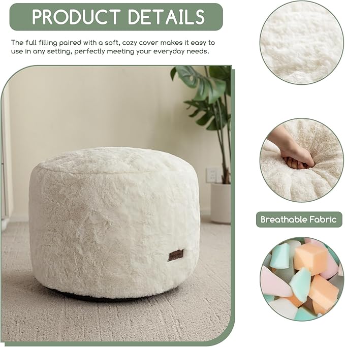 HIGOGOGO Pouf Stuffed Ottoman Round Modern Foam Filled Foot Rest Chair Decorative Poufs 20 x 15 Inches Fluffy Boho Comfy Stool for Living Room, Beige