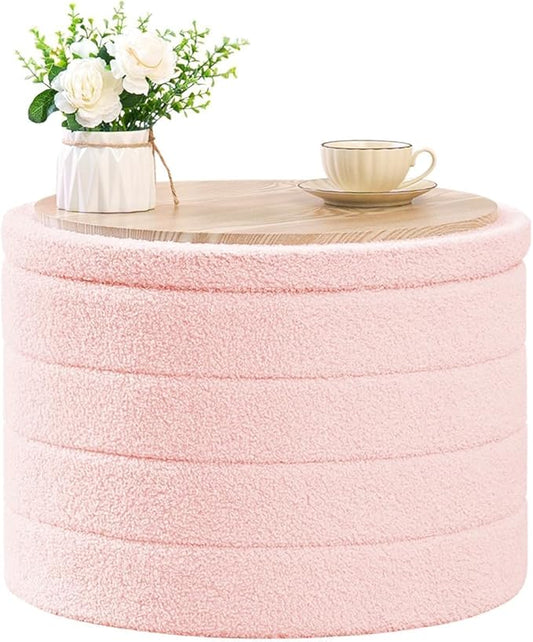 B FSOBEIIALEO Ottoman with Stroage, Round Sherpa Storage Ottoman Stool, Boucle Foot Rest22 x 22"x15.75" (Pink