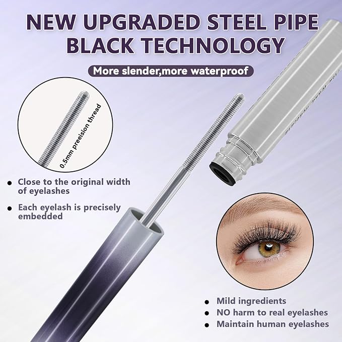 Iron Wand Mascara, Upgrade Black Washable Metal Mascara Wand, Added Fiber for 3D Curling Volume and Length, Waterproof Long Lasting, Smudge-Proof, No Flaking Makeup (1 Pcs)
