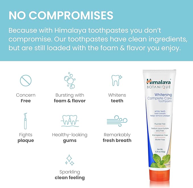Himalaya Botanique Complete Care Whitening Toothpaste, Simply Peppermint, Fluoride Free for a Clean Mouth, Whiter Teeth and Fresh Breath, 5.29 oz, 4 Pack
