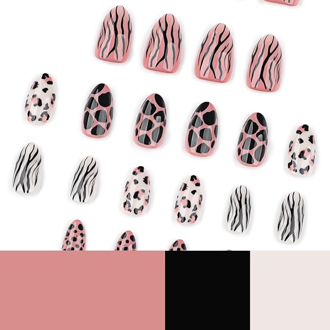 Nude Brown Almond Press On Nails Short, Edgy Fake Nails with Leopard and Zebra Detail, Glossy Gel Finish Acrylic Nails, Reusable Glue On Nail Kit for Women, Trendy Mixed Animal Design False Nail
