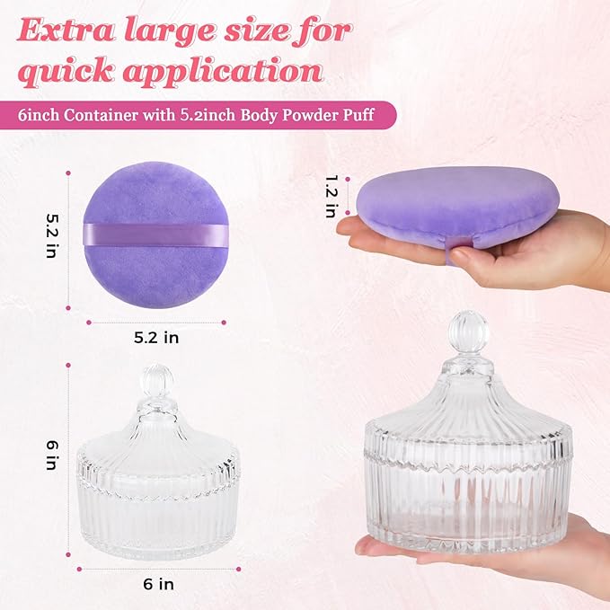 2Pcs Extra Large Body Powder Puff & Luxury 6" Glass Jar Dusting Powder Container with Puff for Women Bath Powder Puffs Perfect for Talcum or Loose Powder (Light Purple)