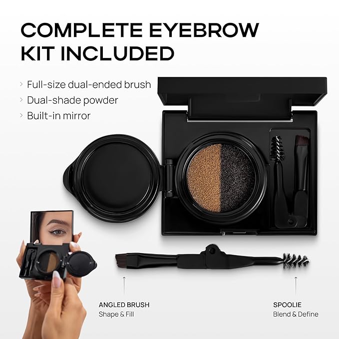 Eyebrow Powder Kit for Women – Dual Cushion Eyebrow Color Palette with Light Brown & Black Shades – Long-Lasting, Smudge-Proof Eye Brow Kit with Built-In Brush and Foldable Mirror