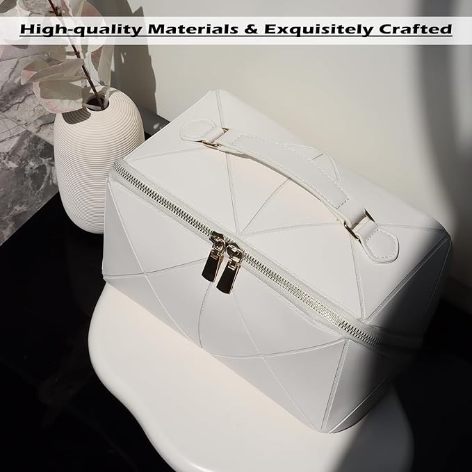 IMCUZUR Travel Makeup Bag Large Cosmetic Bag for Women, Open Flat Make up Bag Portable Skincare Bag with Handle (White)