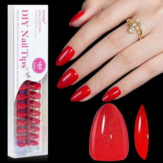 Jofay Fashion Christmas Fiery Red Press on Nails Set, 160Pcs Short Almond Fake Nails with Fine Glitter Glossy Acrylic False Nails Reusable Full Cover Stick on Nails for Women, 32 Sizes Thicker
