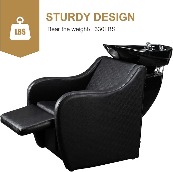 OmySalon Backwash Shampoo Unit for Salon, Hair Washing Station with Ceramic Bowl Adjustable Footrest, Chair Sink Barber Shop Beauty Equipment