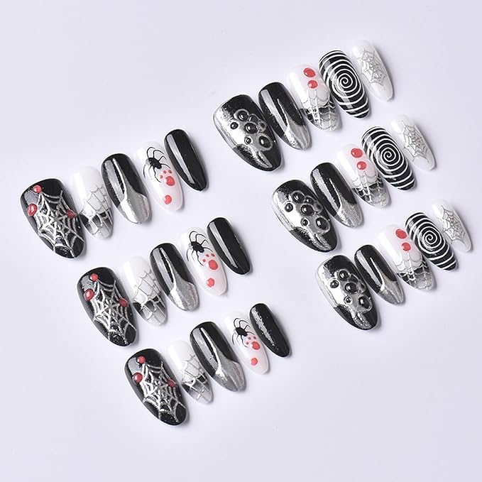 30Pcs Halloween Press on Nails Medium Almond Goth Fake Nails with 3D Blood Drops Design Sliver Spiderweb False Nails Black Spider Artificial Nail Spiral Glue on Nail for Women Manicure