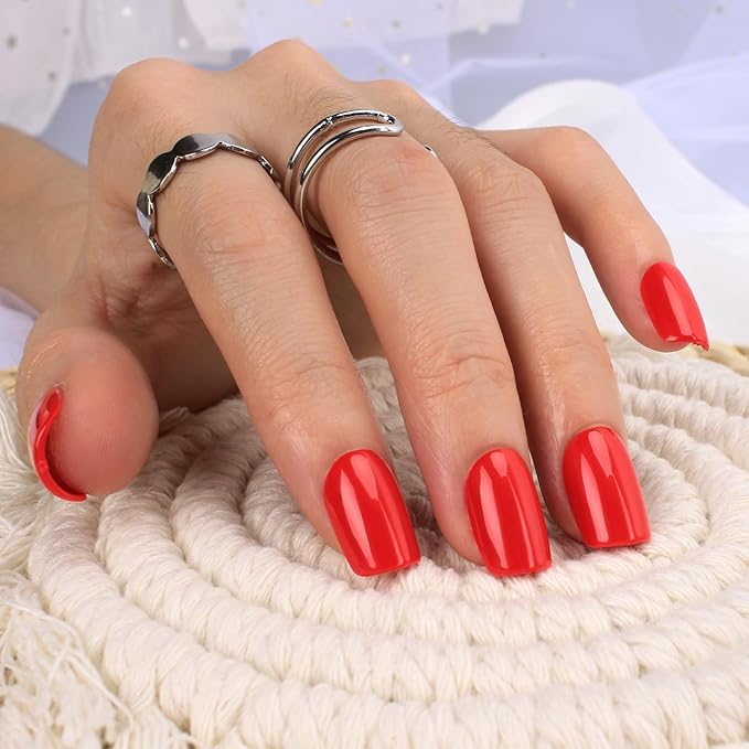 Red Press On Nails Short, Glossy Soft Gel Press On Nails Square with Nail Glue, 15 Sizes - 30 Fake Nails Kit, Thick Natural Reusable Glue On Nails for Women