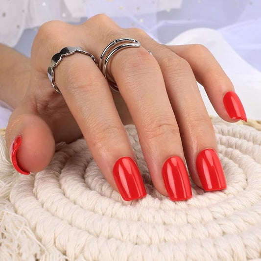 Red Press On Nails Short, Glossy Soft Gel Press On Nails Square with Nail Glue, 15 Sizes - 30 Fake Nails Kit, Thick Natural Reusable Glue On Nails for Women