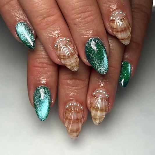 24Pcs Orange Shell Medium Almond Acrylic False Nails with Dark Green Glitter Design Silver Pearl Finish, Glossy Full Cover Artificial Glue on Nails, Summer Stick on Nails for Women Manicure