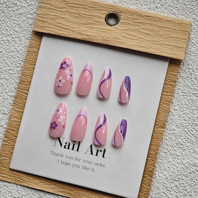 Floral Press on Nails Almond Shape Fake Nails Purple with Wave Curve Design Glossy Glue on Nails French Tip Nail Press ons Artificial Acrylic Nail Nude Stick on Nails foe Women Spring Manicure 24Pcs