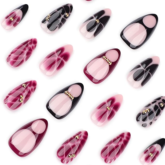 French Press On Nails Short Almond Shape, Fall Fake Nails Adorned with Black and Burgundy Petal Accents, 3D Design, Glossy Gel Finish Acrylic Nails, Natural Reusable Glue On Nails for Women