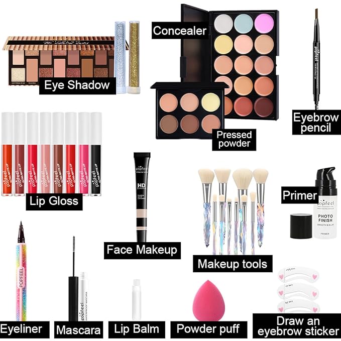 Makeup Kit for Women Full Kit, All in One Makeup Sets for Teens Girls Beginner Gift, Includes Eyeshadow Palette, Liquid Foundation, Concealer, Lip Gloss, Mascara, Powder Puff