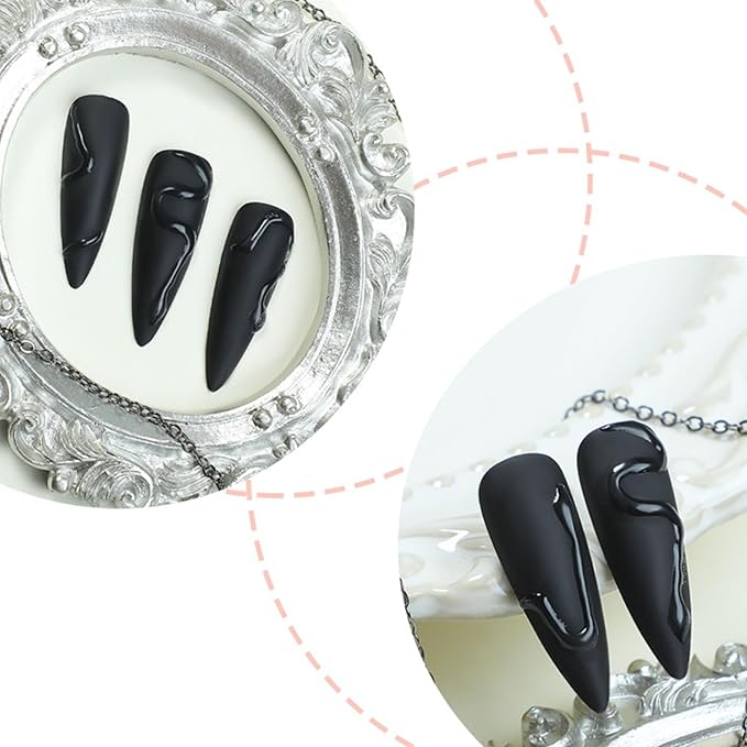 IMRAIN Black Press on Nails Long Stiletto Fake Nails Full Cover Glue on Nails Glossy 3D Snake Artificial Matte Acrylic Stick on False Nails for Women 24Pcs