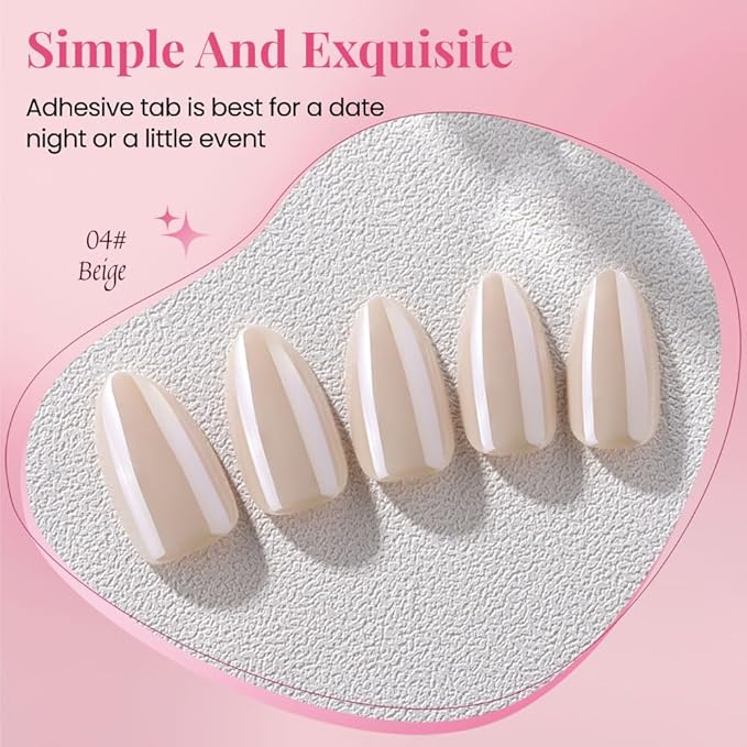 Press on Nails Short Almond - Nude Beige Chrome Glazed Glossy Press on Nail Tips Glue On Nails with Nail Glue for Gift, Reusable Stick On Nails in 15 Sizes 30 Full Cover Acrylic Soft Gel Fake Nail Kit