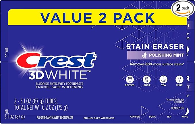 Crest 3D White Stain Eraser Teeth Whitening Toothpaste, Polishing Mint, 3.1 oz, Pack of 2