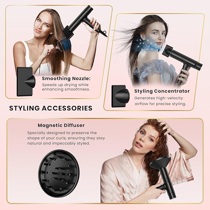 Hair Dryer with Diffuser: Professional High Speed Quiet Ionic Blow Dryer - Intelligent Heat Control - Lightweight Portable Travel & Home for Women & Stylists Frizz Free Styling SGS Certified