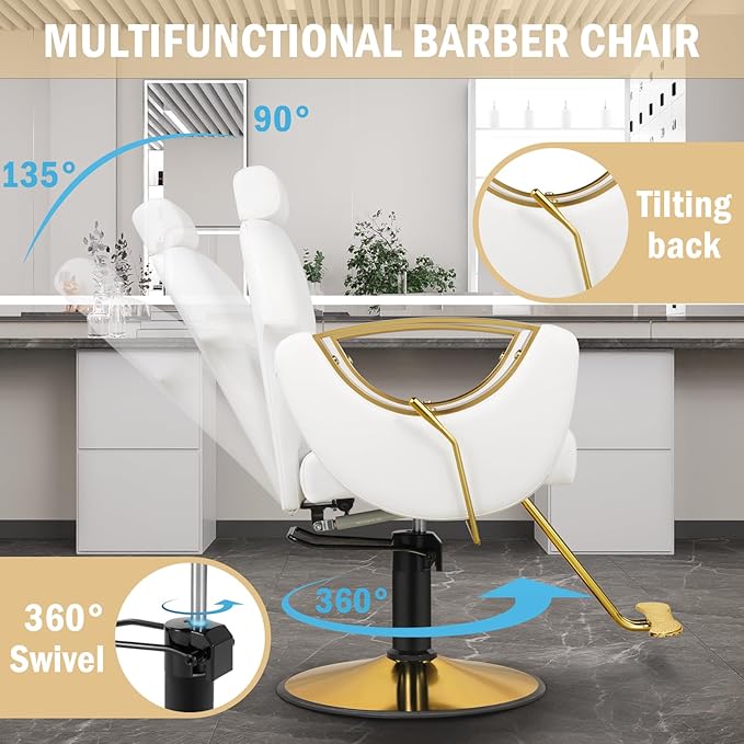Salon Chair for Hair Stylist, Reclining Hair Salon Chair for Home, Barber Styling Chairs with Heavy Duty Hydraulic Pump, 360 ° Swivel, Multi-Function Beauty Spa Equipment White Gold
