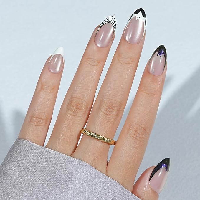 Halloween Press On Nails Almond - Batweb Spell, French Tip Press On Nails Cat Eye, Acrylic Square Short Halloween Nails with Nail Glue, Stick On Nails in 16 Sizes - 32 PCS Soft Gel Kit