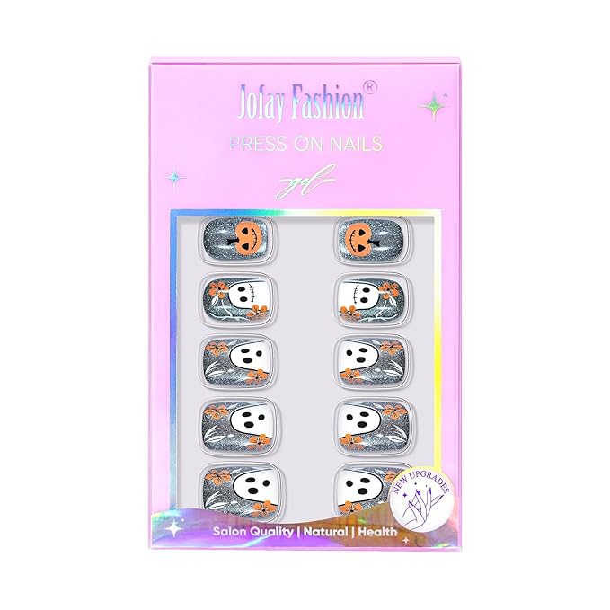 Halloween Press On Nails - Pumpkin Specter, Gray Cat Eye Halloween Nails, Acrylic Short Square Glue On Nails with Nail Glue, Fit Perfectly & Natural Stick On Nails in 16 Sizes - 32PCS Soft Gel Kit