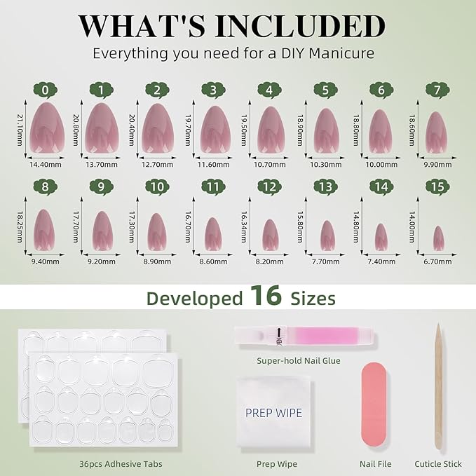 Mauve Press On Nails - Pink Milk Short Fake Nails, Almond Press On Nails Reusable Stick On Nails in 16 Sizes, 32pcs False Nail Kit for Women & Girls