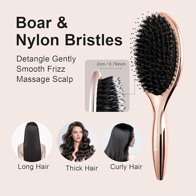 RHOS Boar and Nylon Bristle Hair Brush for Long, Curly, Thick Hair, Soft Natural Bristle Detangling Brush, Smooth & Shine, Set Includes Rat Tail Comb, Storage Bag (0.79inch Bristle)