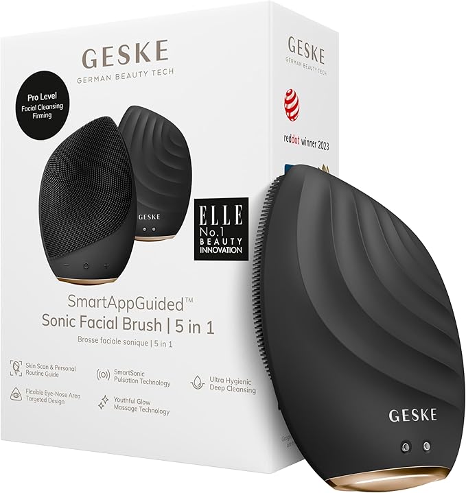 GESKE SmartAppGuided™ Sonic Facial Brush 5 in 1 | Vibrating Electric Facial Cleansing Brush | Soft Silicone Brush | Professional Facial Cleanser | Skin Cleanser & Exfoliator | Face Massager