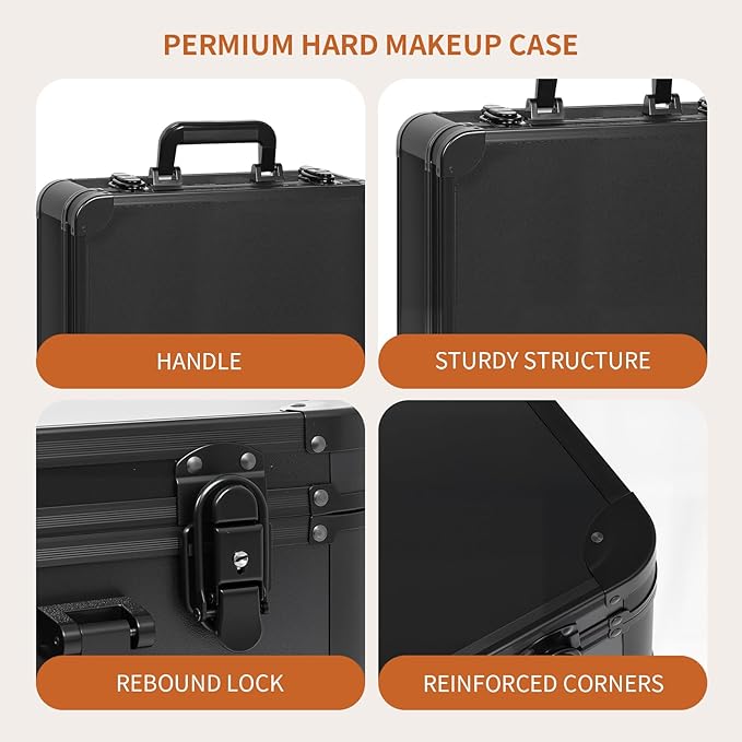 15"x11" Makeup Case with Lighted Mirror & Brush Holder - Waterproof Travel Organizer, Customizable Storage, Rechargeable LED Vanity for Women (black)