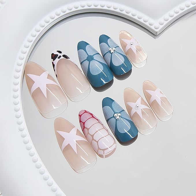 24Pcs French Press on Nails Almond Medium Fake Nails with Star Designs Brown Leopard Stick on Nails Flower Acrylic Nails Turtle Pattern Pattern Nails Glossy Glue on Nails Stick on Nail for Women