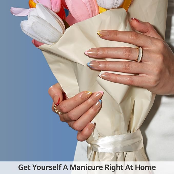 BTArtbox Press On Nails Short - Lamp-Curable Summer Colorful French Tip Almond Press On Nails with Glue for Women, Semi-Transparent Soft Gel Glue On Nails in 16 Sizes - 32 Stick On Nails Kit, Cha-Cha