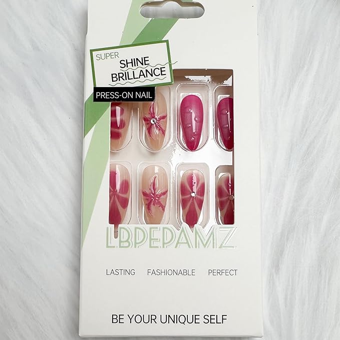 24Pcs Flower Press on Nails Medium Almond Fake Nails with 3D Spring Floral Rhinestones Design Pink Blooming Ombre Acrylic Nails False Nails Blush Gradient Full Cover Glue on Nails for Women