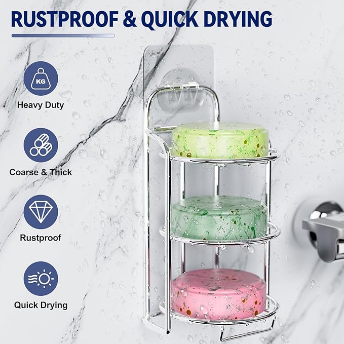 Silver 3-Tier Shower Soap Shampoo Bar Holder, Self Adhesive & Freestanding Draining Soap Dish Caddy for Bathroom Wall Accesories Decor