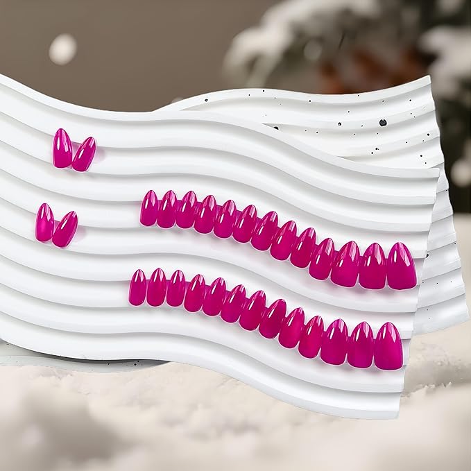 KQueenest Press On Nails Short - Neon Hot Pink Press On Nails Almond Shape, Glitter Cat Eye Fake Nails with Nail Glue, Reusable Cute Bright Gel Glue On Nails with Color-Shifting Glow, Fushia 30 Pcs