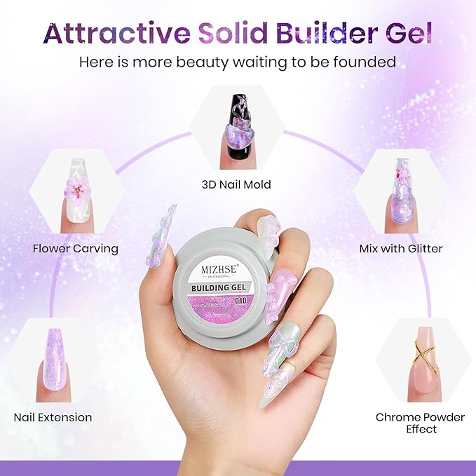 MIZHSE Solid Builder Gel for Nails - 30g/1oz Purple Mermaid Hard Gels for Nails 3D Gel with Dual Forms 3D Sculpting Pen Soak off U V Nail Builder Gels for Extension 3D Nail Art Women