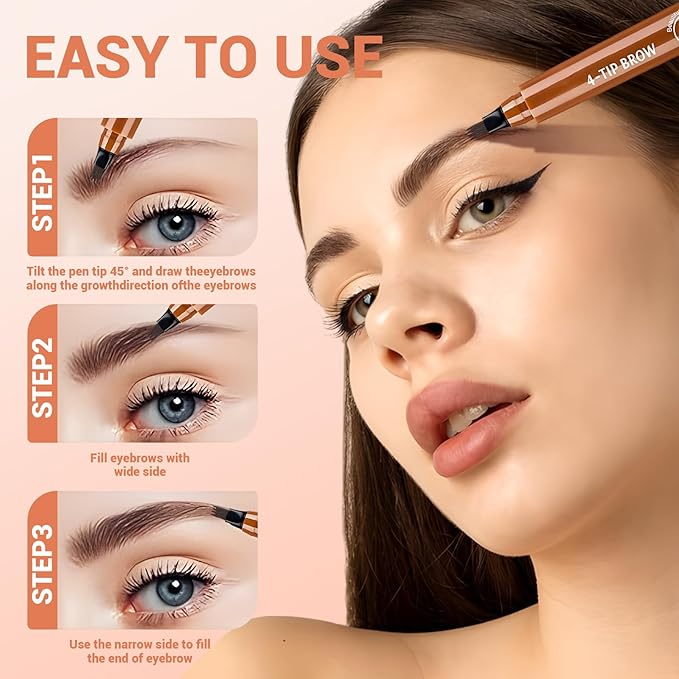 Microblading Eyebrow Pencil, 2025 Upgraded Waterproof Four-tip Beard and Eyebrow Pen, Long Lasting 3D Eye Brow Pencils for Women Natural Hair-Like Strokes (Light Brown)