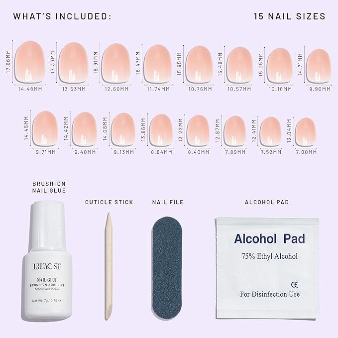 Lilac St - Press on Nails, Sheer Chemise (30 Nails, 15 Sizes) - Short, Round, Glossy, Opaque - Brush-On Nail Glue, Nail File, Cuticle Stick, Prep Pad - Reusable - Cruelty Free, Vegan, Women Founded