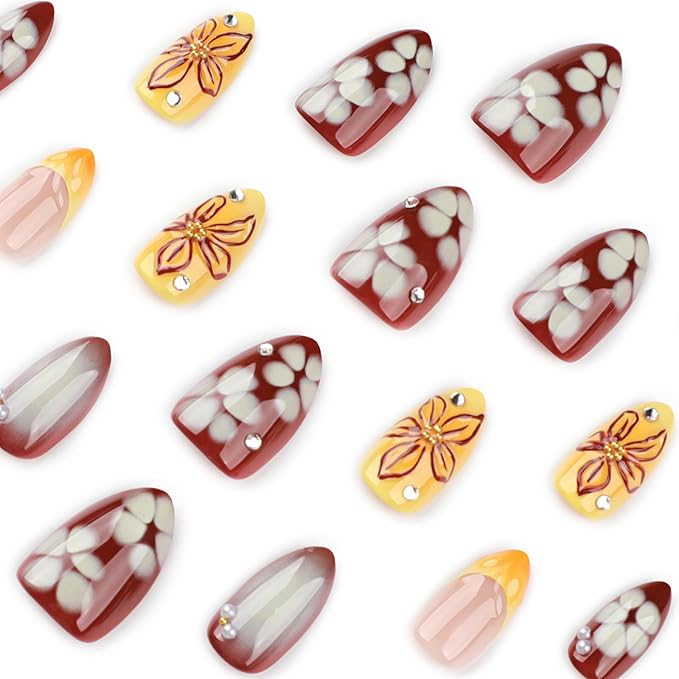 Yellow French Press On Nails Short Almond, Fall Fake Nails Adorned with Yellow and Burgundy Petal Accents, 3D Design, Glossy Gel Finish Acrylic Nails, Reusable Glue On Nails for Women, 24 Pcs